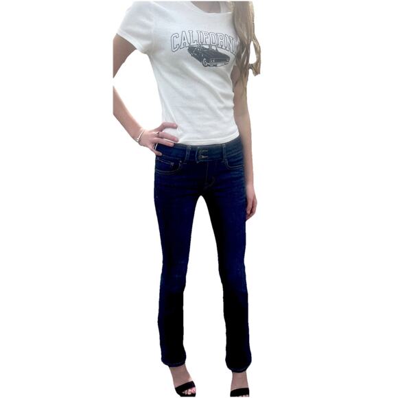 American Eagle Woman Sz 00 24x28 Jeans Low Rise Flare Dark Demin Flare Stretch - Picture 2 of 12